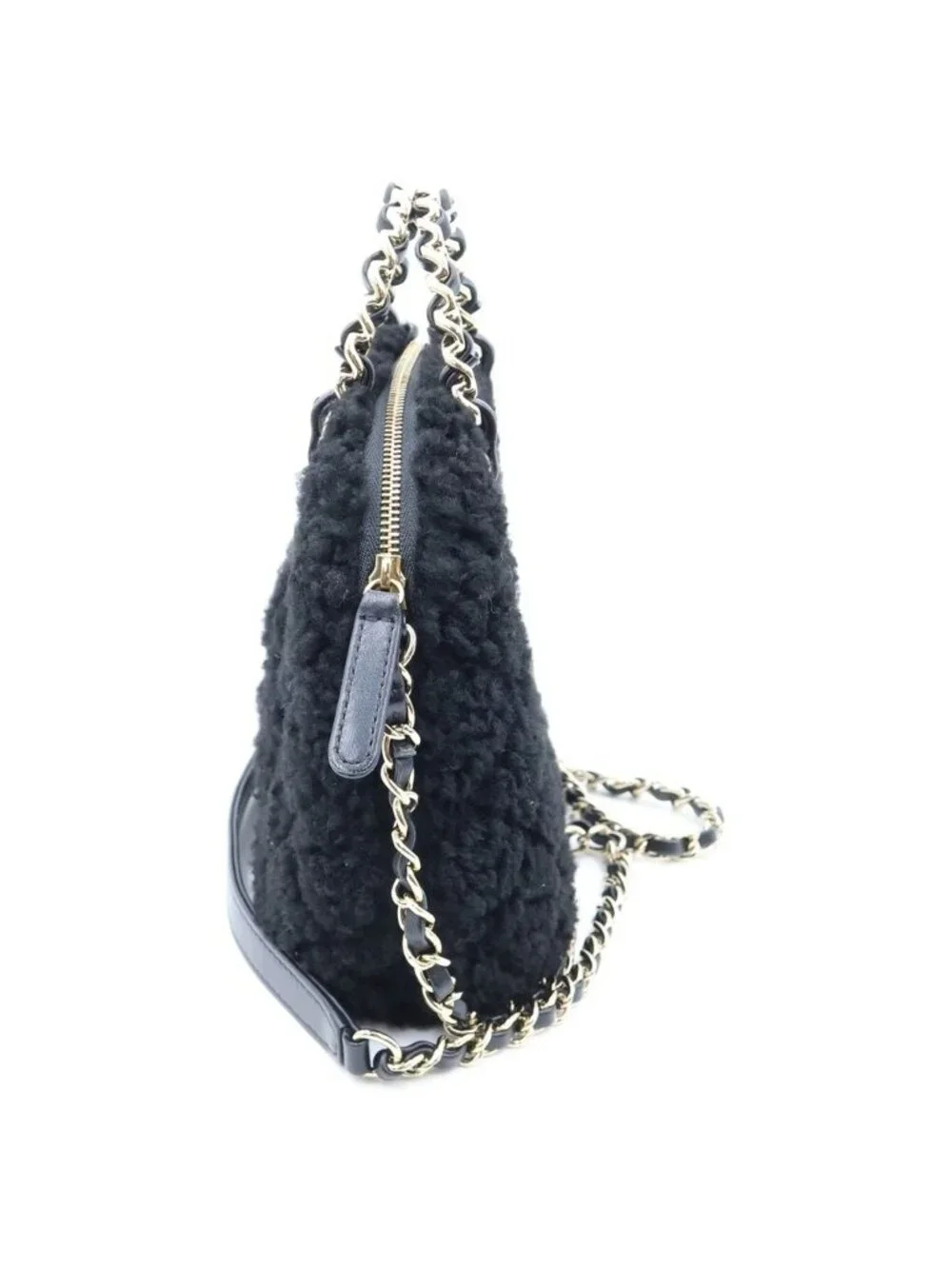 Chanel CC Logo Fleece 2-Way Shoulder Bag Black Leather Gold